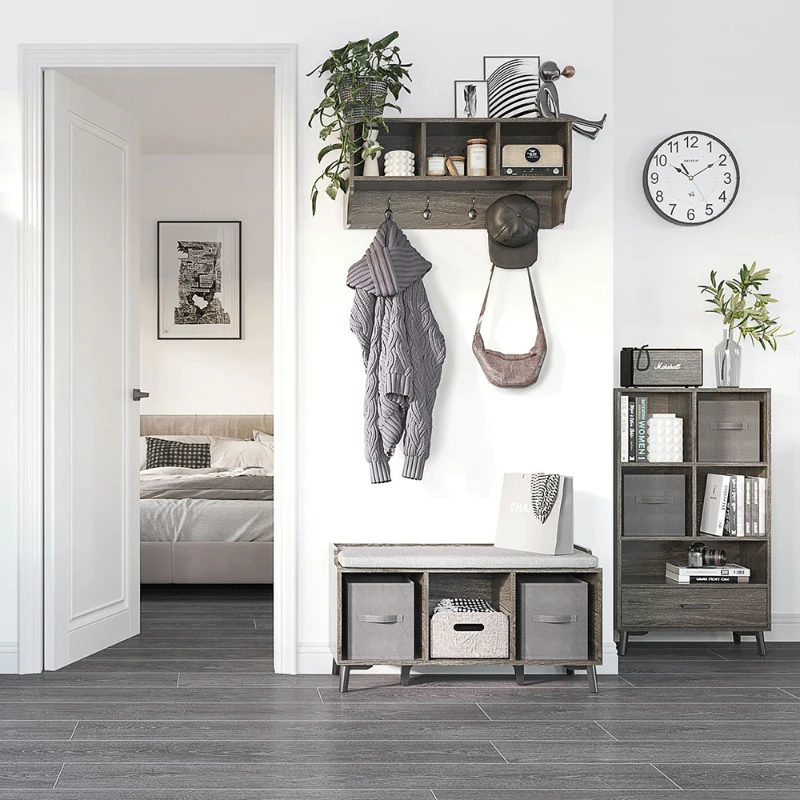 HOMCOM Ensemble de Meuble de rangement, Banc à Chaussures et Porte-manteau - Multi-rangement - Coussin rembourrée - Gris