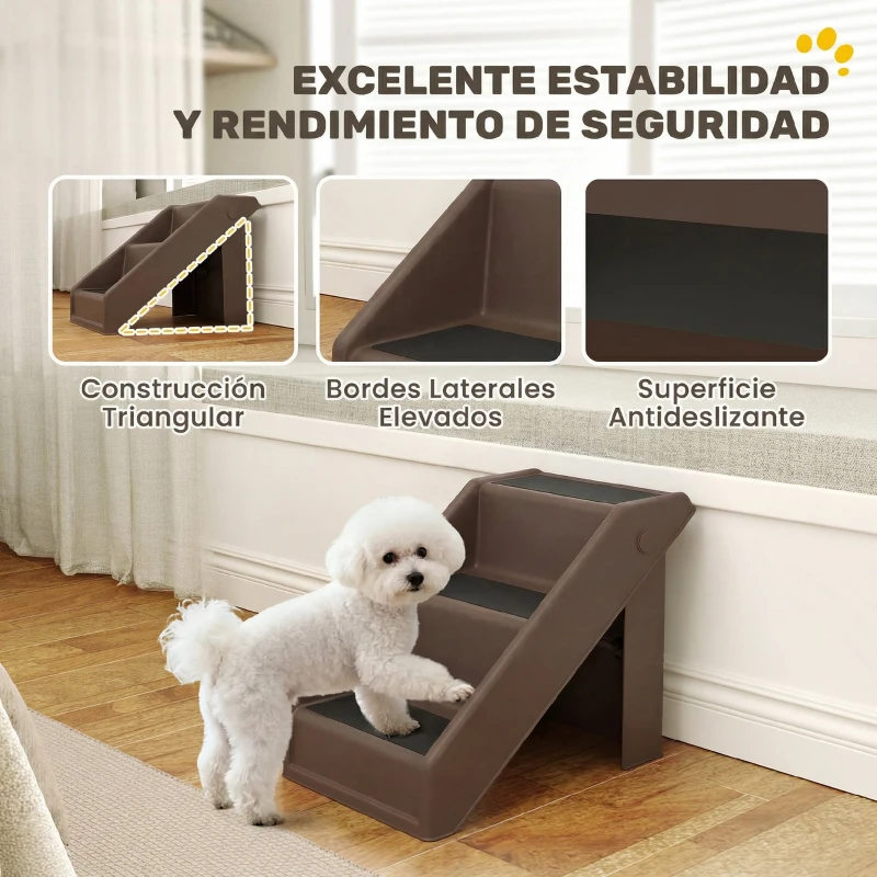 PawHut Escalera para Perros Plegable de 3 Peldaños para Mascotas Mayores para Cama Sofá 53x30,5x36,5 cm Marrón