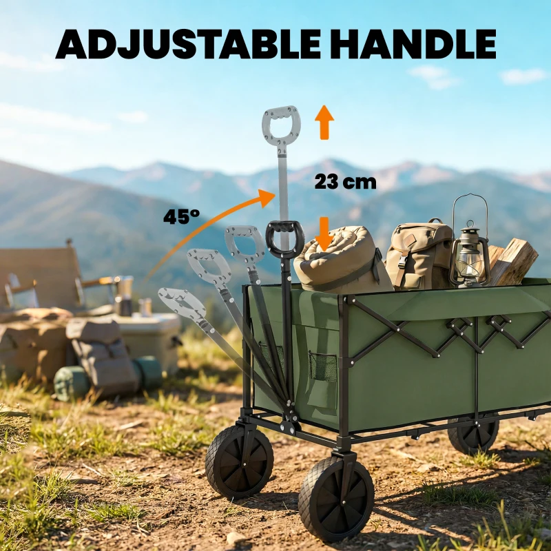 Outsunny 95L Foldable Festival Trolley on Wheels, Collapsible Wagon Cart with Adjustable Handle and 2 Cup Holders, Dark Green