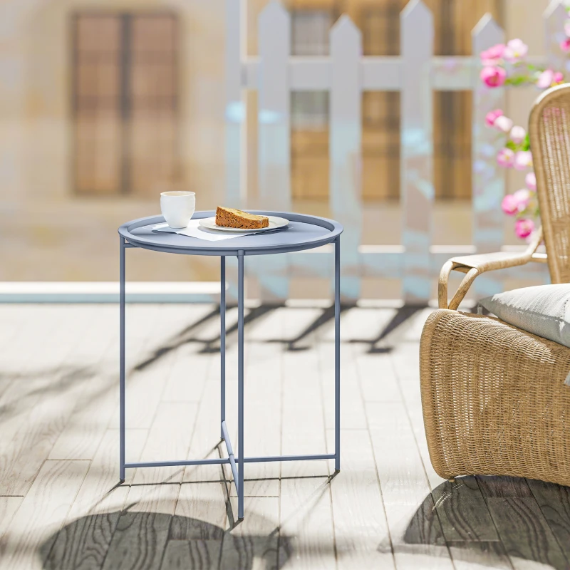 Outsunny Mesa Baja Redonda Mesa Auxiliar Tablero Extraíble con Borde Elevado Patas Plegables en Metal Ø46x50cm Azul Grisáceo