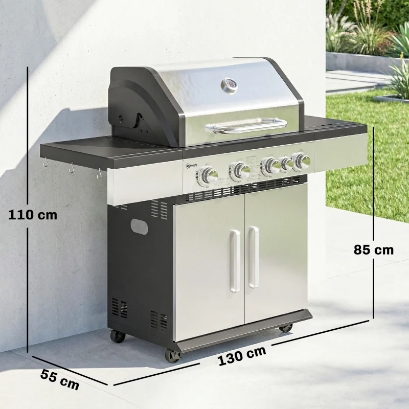 Outsunny 4+1 Burner Gas BBQ Grill, Portable Gas Barbecue Grill with Side Burner, Warming Rack, Side Shelf, Storage Cabinet