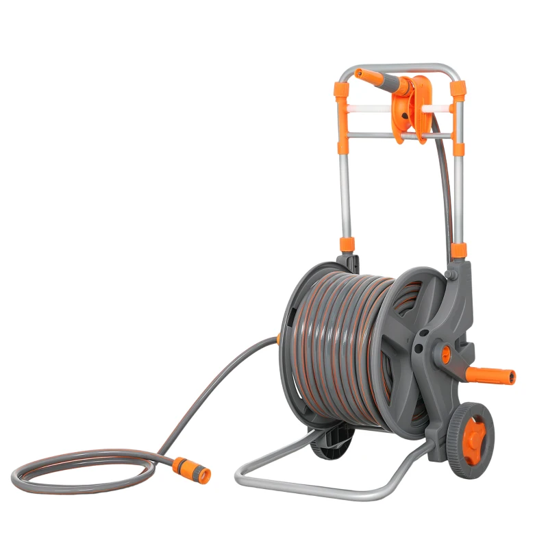 Outsunny Hose Reel Cart with Wheels, 45+2m Garden Hose Reel with 2 Patterns Nozzle, Faucet Adaptors and Rewind Handle, Orange