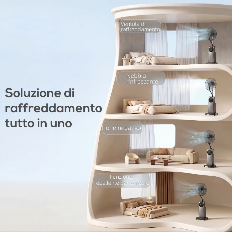 HOMCOM Ventilatore Nebulizzatore con Serbatoio 3.1L, 3 Modalità e 3 Velocità, Ruote, Oscillazione 70°, Inclinazione 10°, Timer 12h, 90W