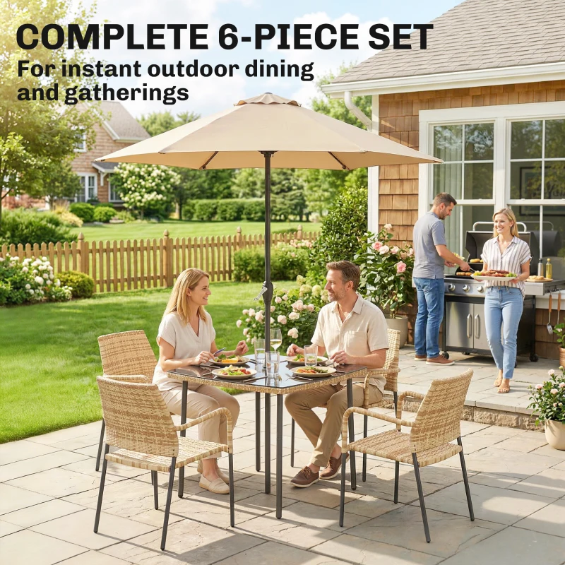 Outsunny 4 Seater Rattan Dining Set with Parasol, 6 Piece Garden Table and Stackable Chairs with Tempered Glass Tabletop
