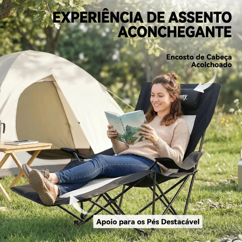 Outsunny Conjunto de 2 Cadeiras Dobráveis de Campismo com Encosto Ajustável 4 Níveis Apoio para os Pés Removível 165x80x90 cm Preto