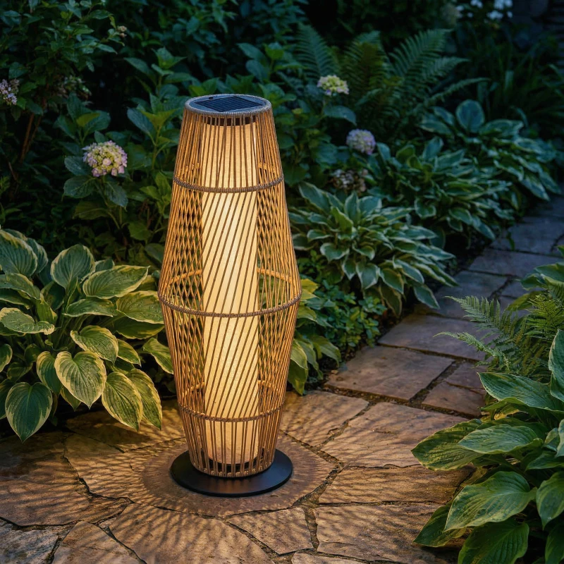 Outsunny Lanterne Solaire Extérieure en Résine Tressée avec Capteur de Lumière, pour Jardin Patio, 26x26x68cm, Sable