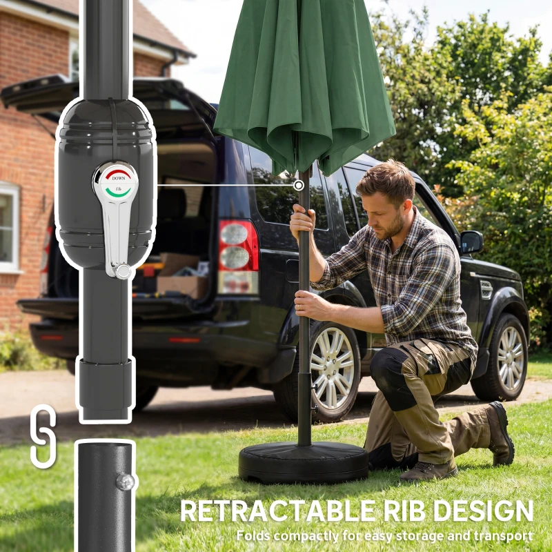 Outsunny 2.7 m Garden Parasol Umbrella with Cross Base and Sandbag, Retractable Ribs, Outdoor Table Market Umbrella, Green