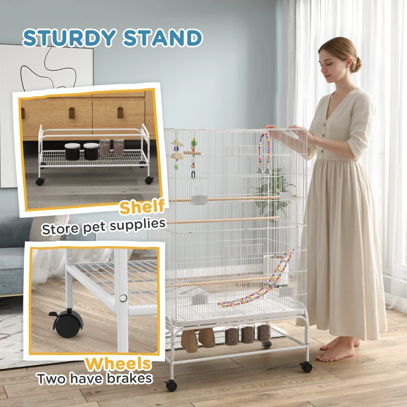 PawHut Bird Cage w/ Stand, Toys, Accessories, for Canaries, Finches, White