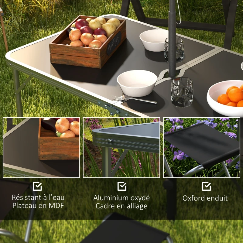 Outsunny Ensemble table et chaise de camping, Table de Camping avec 4 chaises Pliantes, 120x60x55-70cm Gris foncé