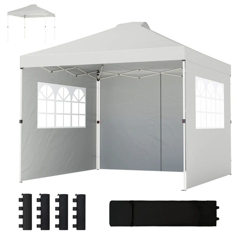 Outsunny Pop Up Gazebo Waterproof Height Adjustable Canopy with 3 Sidewalls Wheeled Bag for Parties 3 x 3 m White