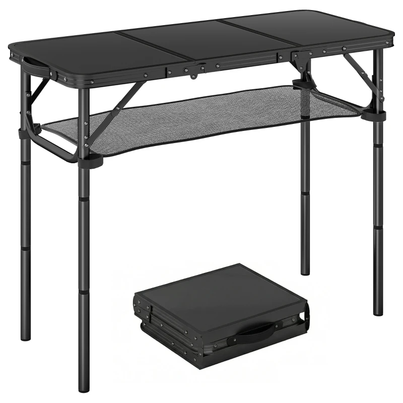 Outsunny 3ft Folding Camping Table, Picnic Table with Mesh Storage Layer, Carrying Bag and Metal Frame, Black