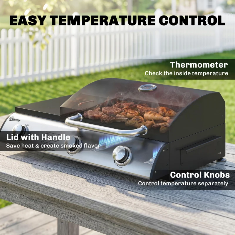 Outsunny 3 Burner Portable Gas Plancha BBQ Grill, 7.5 kW Outdoor Tabletop Gas Barbecue Grill with Griddle, Thermometer,, Black
