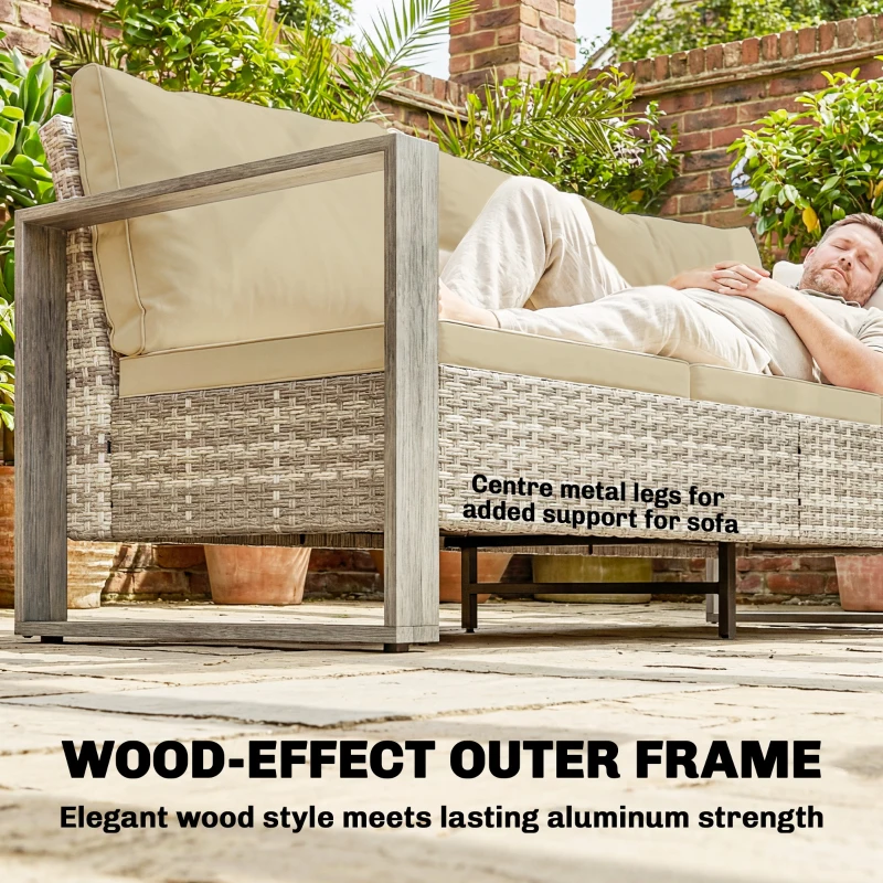 Outsunny 4 Piece Rattan Garden Furniture Set with 3-Seater Sofa, Armchairs, Table, Aluminium Frame Patio Conversation Set, Khaki