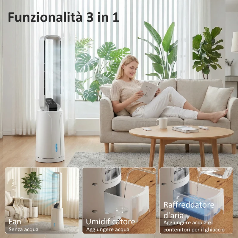 HOMCOM Raffrescatore Evaporativo con Timer 15H, 109.5 cm, Bianco