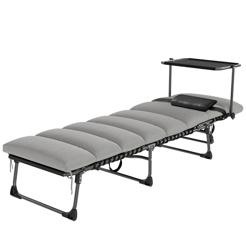 Outsunny Folding Sun Lounger with Canopy, Reclining Sunbed with Cushion, Side Pocket, Carrying Handle, Light Grey