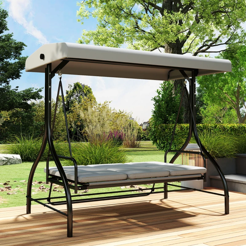 Outsunny 3 Seater Canopy Swing Chair, 2 in 1 Garden Swing Seat Bed, with Adjustable Canopy and Metal Frame, Light Grey