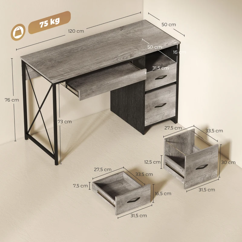 HOMCOM Bureau d'ordinateur, 120×50cm, bureau avec rangement, plateau clavier, compartiment ouvert et 2 tiroirs, gris