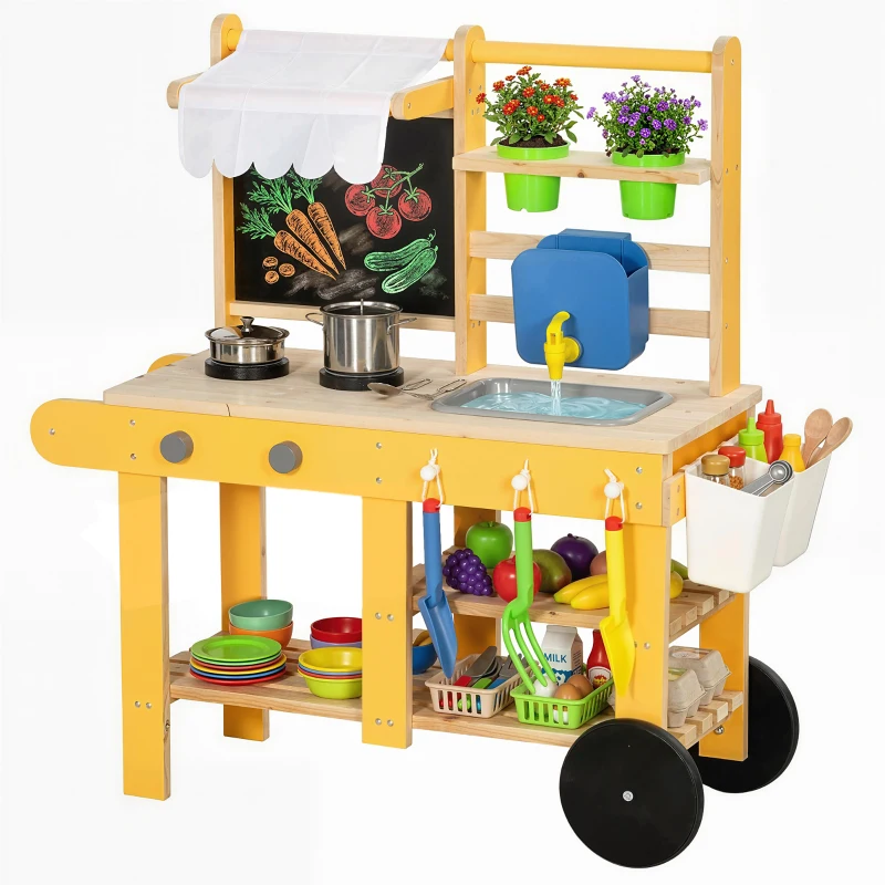 AIYAPLAY Cuisine enfant en bois avec roulettes, cuisine enfant exterieur avec eau courante, évier, plaque de cuisson, jaune