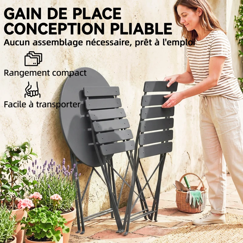 Outsunny Ensemble de Bistrot Jardin 3 Pièces Table et 2 Chaises Pliantes avec Double Protection Anti-Rouille Métal Gris
