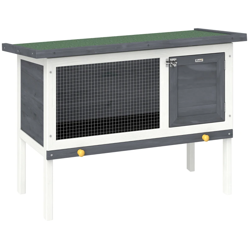 PawHut Clapier Lapin Extérieur en Bois, avec Toit Ouvrable en Asphalt et Plateau Coulissant, Design Surélevé, 90x45x65cm, Gris
