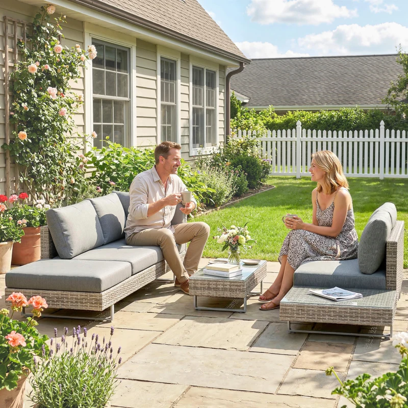 Outsunny Conjunto de Jardim em Vime de 3 peças com Sofás Modulares de 3 e 2 Lugares Mesa Lateral e Mesa de Centro Cinza