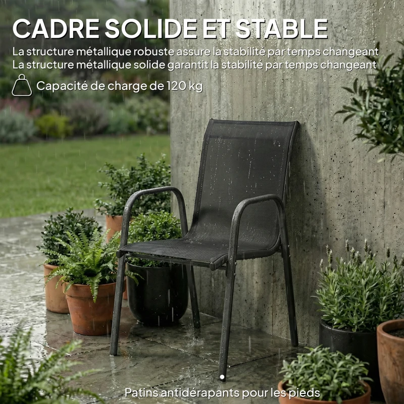 Outsunny Lot de 6 Chaises de Jardin Extérieures, Chaise de Salle à Manger Empilables avec Accoudoirs, 51x69x87cm, Noir