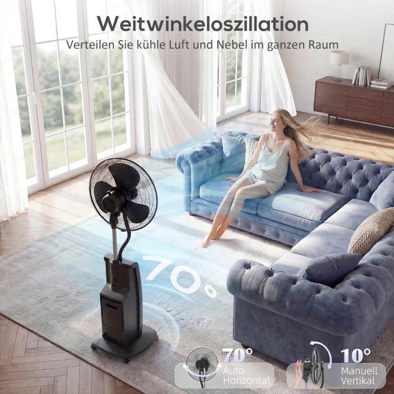 HOMCOM Sprühnebelventilator mit Fernbedienung, Standventilator mit Wassernebel, 70° Oszillation, 3 Geschwindigkeiten, 3 Modi, 3,1L Wassertank