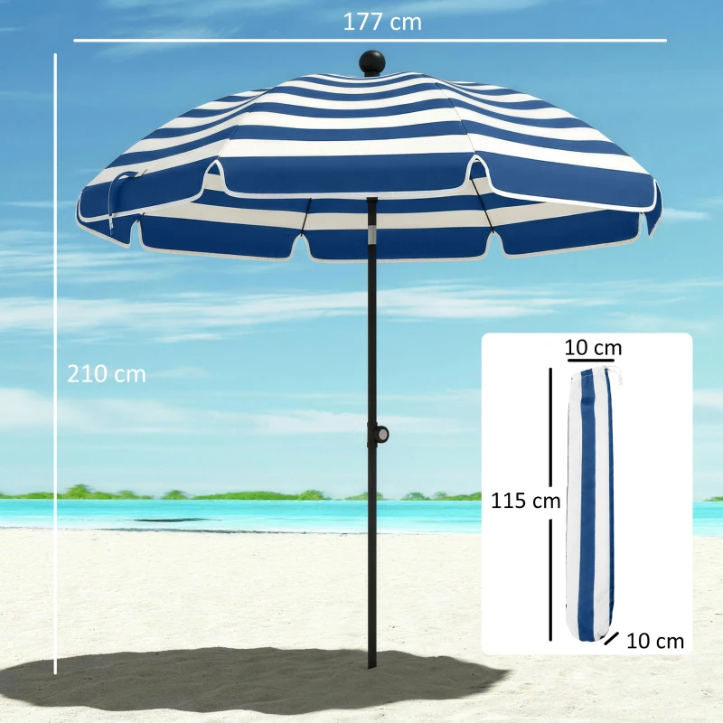Outsunny 1.8 m Beach Umbrella Parasol with Sand Anchor, Portable 30° Tilting Patio Sun Shade with Adjustable Height, Blue/White