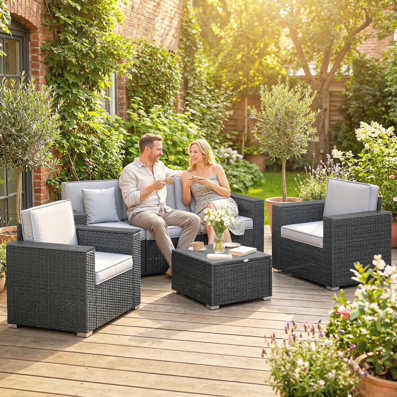Outsunny 5 Seater Rattan Garden Furniture Set with Wide Armrests, Cushions, Pillows for Patio, Dark Grey