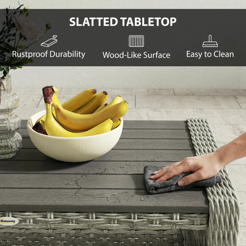 Outsunny Outdoor Coffee Table with Storage Shelf, PE Rattan Side Table with Slatted Top and Foot Pads, Grey