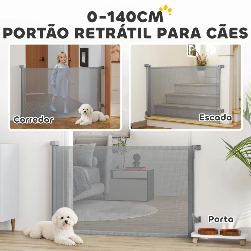 PawHut Barreira de Segurança Retrátil para Cães Extensível até 140 cm de Largura para Escadas e Portas Cinzento