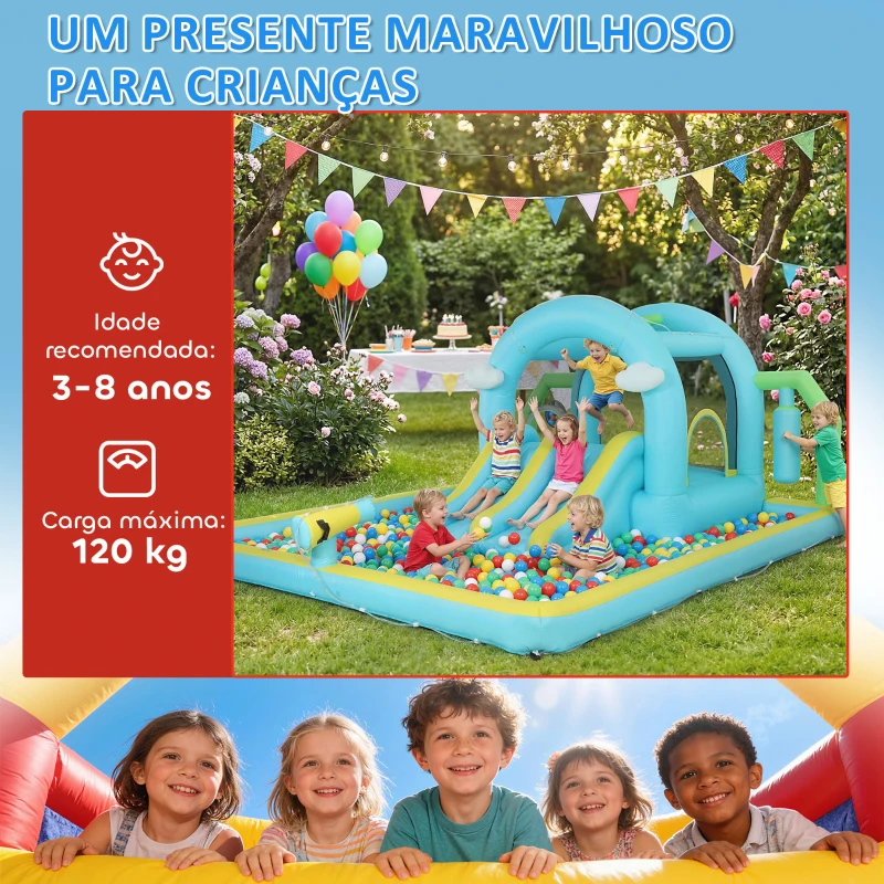 AIYAPLAY Castelo Insuflável Aquático 7 em 1 com Insuflador 450W 2 Escorregas Trampolim Piscina Cesto Coluna de Boxe 426x360x198 cm Multicor