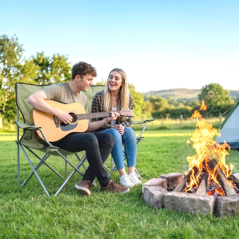 Outsunny Camping Chair Set of 2 Portable Folding Outdoor Camp Chair with Cup Holders and Carry Bag Green