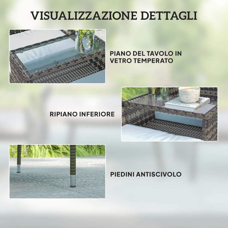 Outsunny Panchina da Esterno 2 Posti con Tavolino da Caffè, in Acciaio e Rattan PE, 137x59x82 cm, Grigio