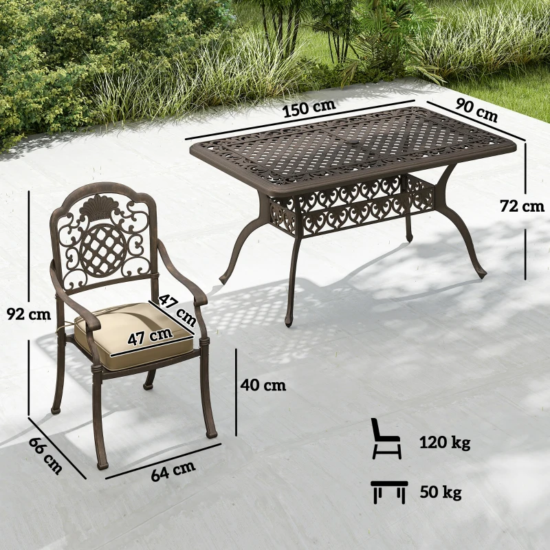 Outsunny Garden Dining Set for 6, Cast Aluminium Outdoor Table and Chairs Set with Cushions, Parasol Hole for Patio, Bronze Tone