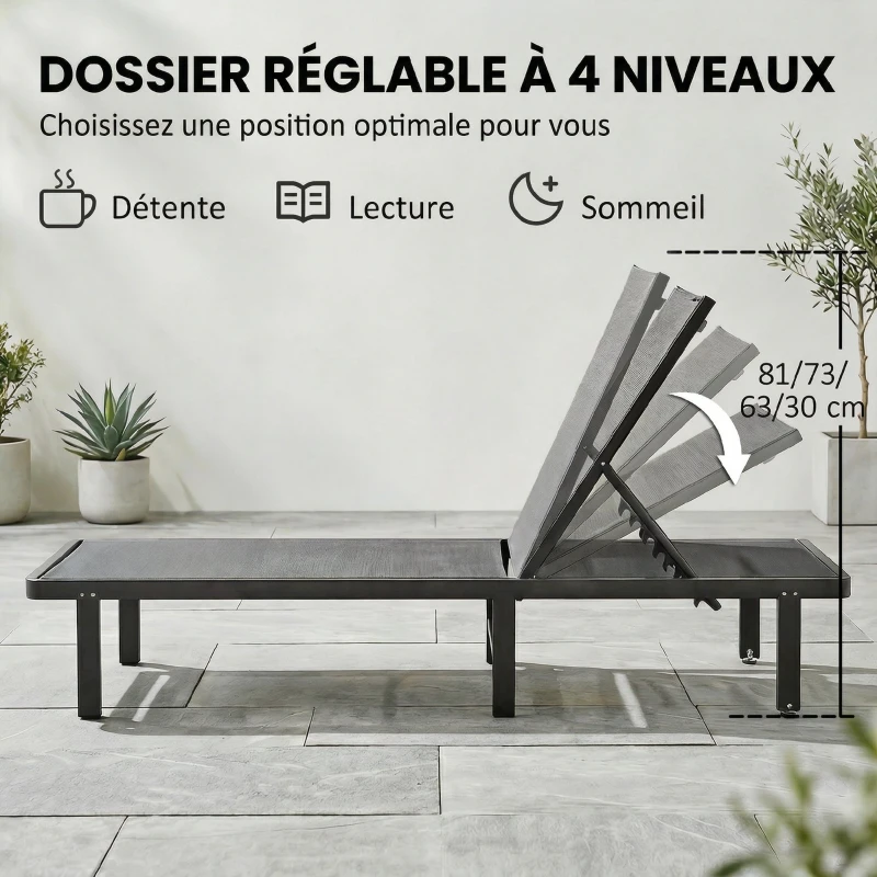 Outsunny Bain de Soleil Transat de Jardin avec Roulettes Inclinable à Plat 4 Positions et Textilène 530g/m² Gris Foncé