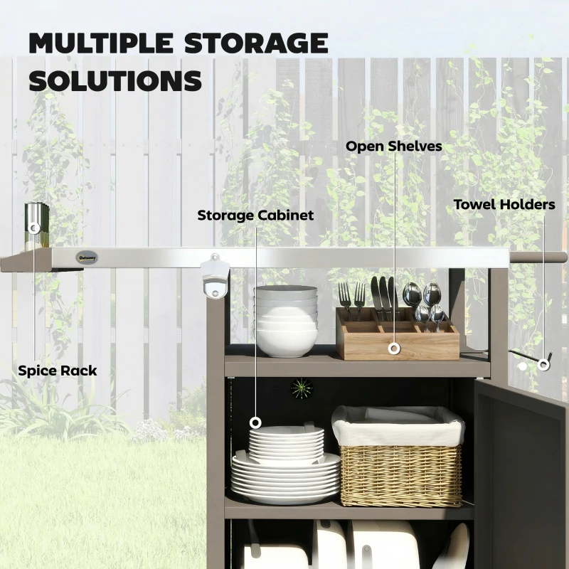 Outsunny Grill Cart with Stainless Steel Top, Pizza Oven Stand with Cabinet, Spice Rack, Towel Holder, Bottle Opener, Brown