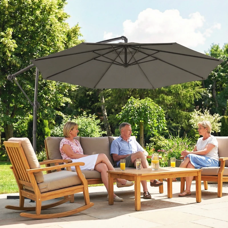Outsunny 3 m Garden Cantilever Parasol with Cover, Round Overhanging Umbrella with 360° Rotation, Tilt, Grey