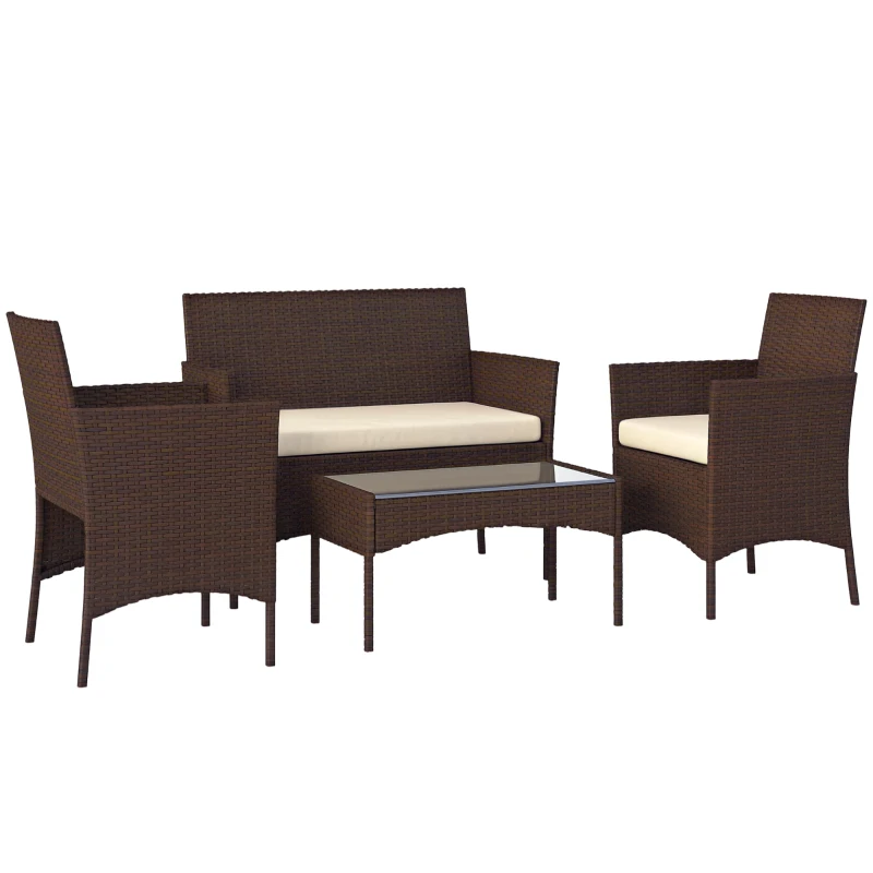 Outsunny 4 Piece Rattan Garden Furniture Sofa Set with Loveseat, Armchairs, Glass-Top Coffee Table and Cushions, Brown