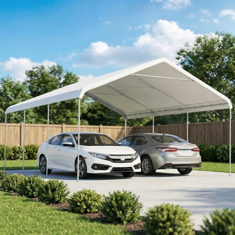 Outsunny Carport 5x6m, Portable Garage, Galvanized Steel Frame for Cars/Trucks, Cream