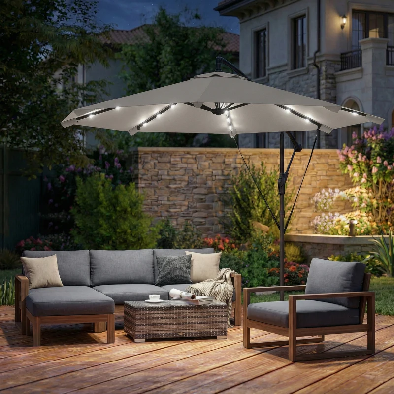 Outsunny 3 m Cantilever Parasol with Solar LED Lights Garden Umbrella with Cross Base, Light Grey