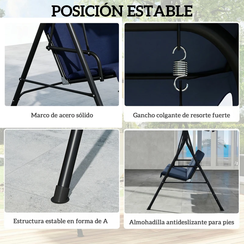 Outsunny Balancín de Jardín Exterior Columpio de 3 Plazas con Toldo Ajustable y Marco de Acero 172x118x153 cm Azul Marino