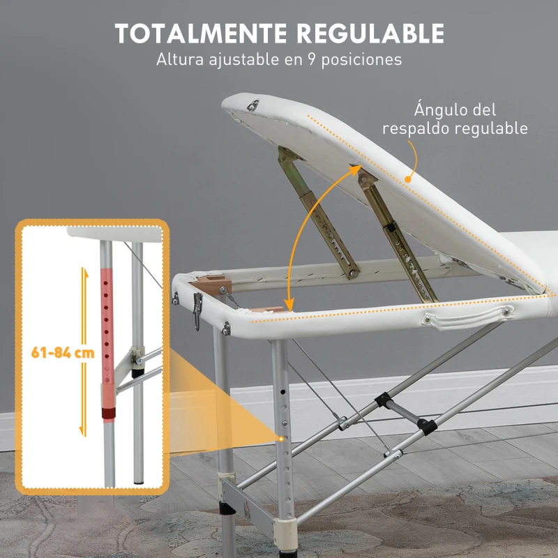 HOMCOM Camilla Masaje Plegable de Aluminio con Altura Ajustable 3 Zonas Reposacabezas Reposabrazos Blanco