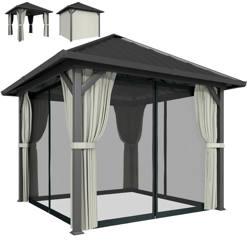 Outsunny 3 x 3(m) Hardtop Gazebo with Galvanised Steel Roof and Water Gutter, Waterproof Permanent Pavilion Garden Gazebo with Netting and Curtains for Patio, Deck, Black