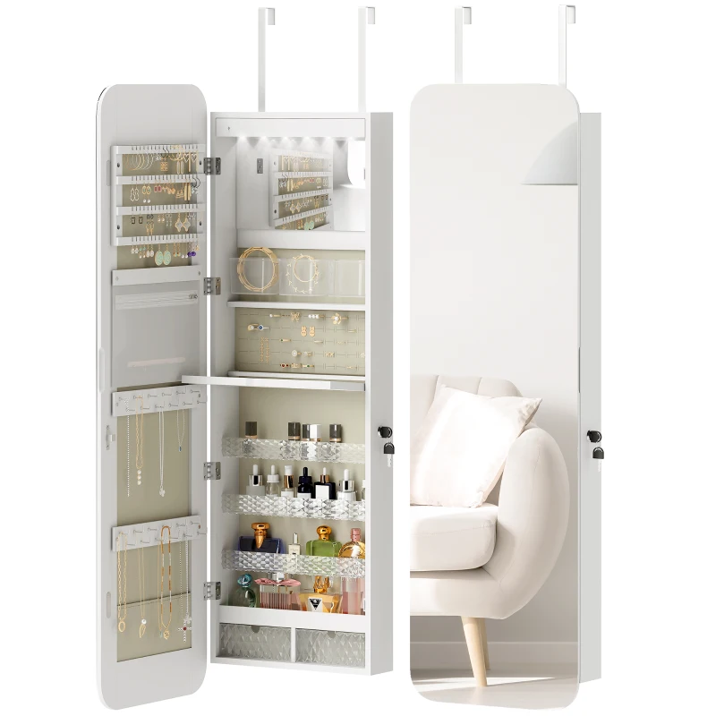 HOMCOM Espejo Joyero con Luz LED Montado en la Pared o en la Puerta con Cerradura Espejo Entero 2 Cajones Blanco