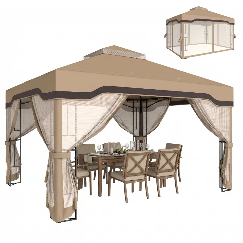 Outsunny 3 x 3.6 m Outdoor Garden Gazebo with Post Shelves, UPF50+ Patio Permanent Pavilion with Hook, Khaki