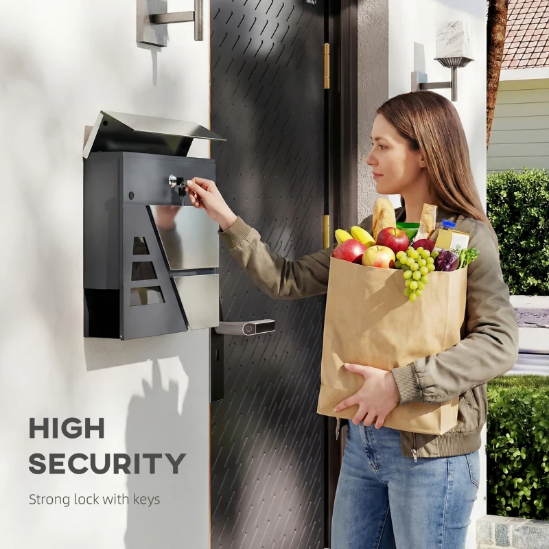 HOMCOM Skrzynka na listy do montażu na ścianie, odporna na warunki atmosferyczne, z uchwytem na gazety i 2 kluczami, ciemnoszara