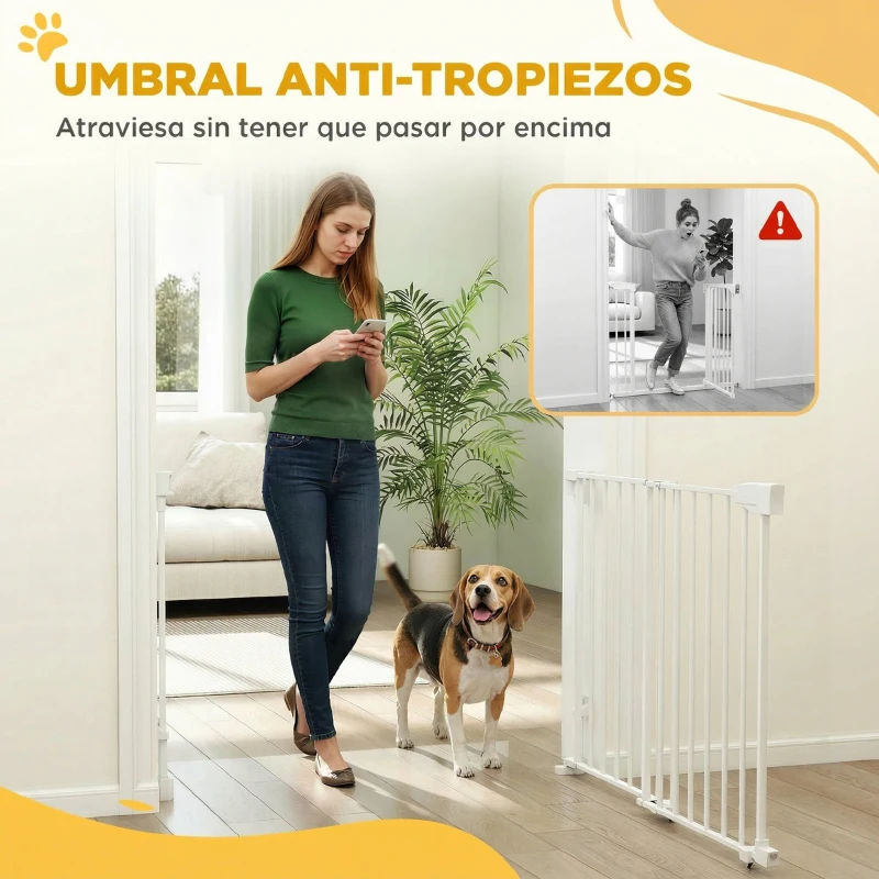 PawHut Barrera de Seguridad para Perros 74,5-111,5 cm Puerta para Perros para Escaleras con Pestillo Cierre Automático Blanco