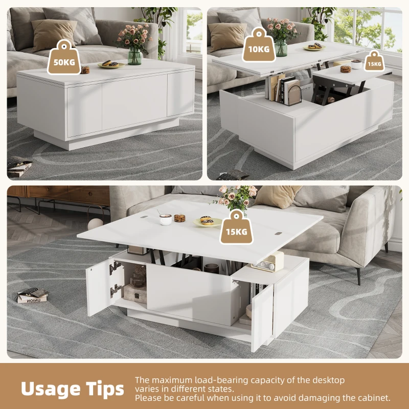 Lift-Up Coffee Table With 2 Doors, 2 Liftable Tops, 2 Cabinets, Particleboard Centre Desk With Hidden Storage, 100L x 50W x 55.5H cm, White