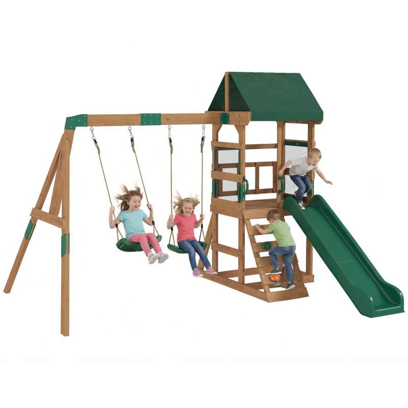 AIYAPLAY Spielturm Klettergerüst Holz Schaukelgestell mit Rutsche 2 Schaukeln Kletterwand für 3-8 Jahre 315x284x233 cm Grün